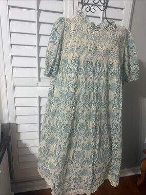 easel Cream and Blue Floral Smocked Midi Dress with Puff Sleeves